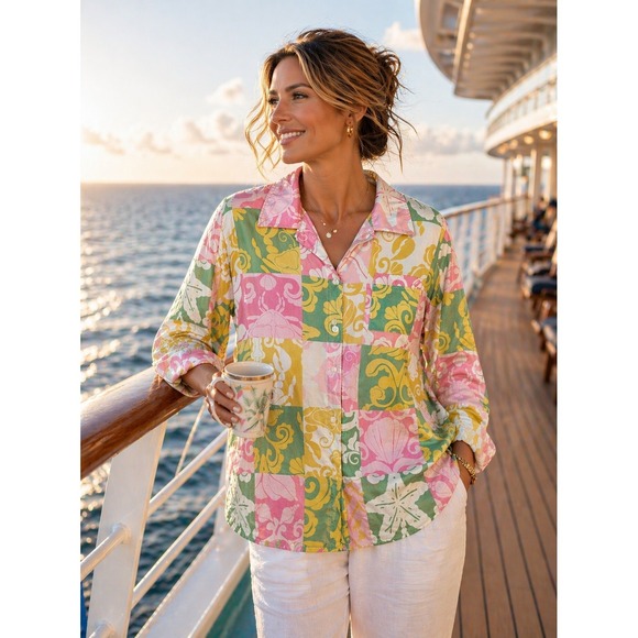 Lilly Pulitzer Tops - Lilly Pulitzer White Label Women's Small L/S Blouse Crabs Fish Shells Starfish